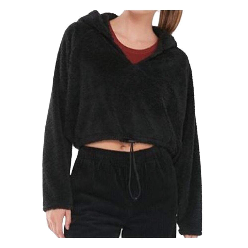 Urban Outfitters Tilly Womens Black Teddy Bear Crop Hoodie Toggle Waist Size M